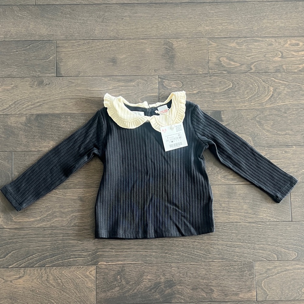 Zara Kids Black Long Sleeve Shirt with Cream Collar